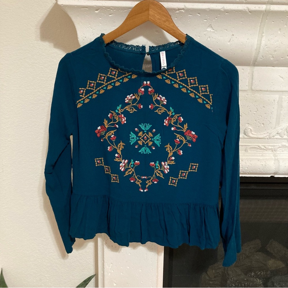 Blue Embroidered Top Long Sleeve Size XS